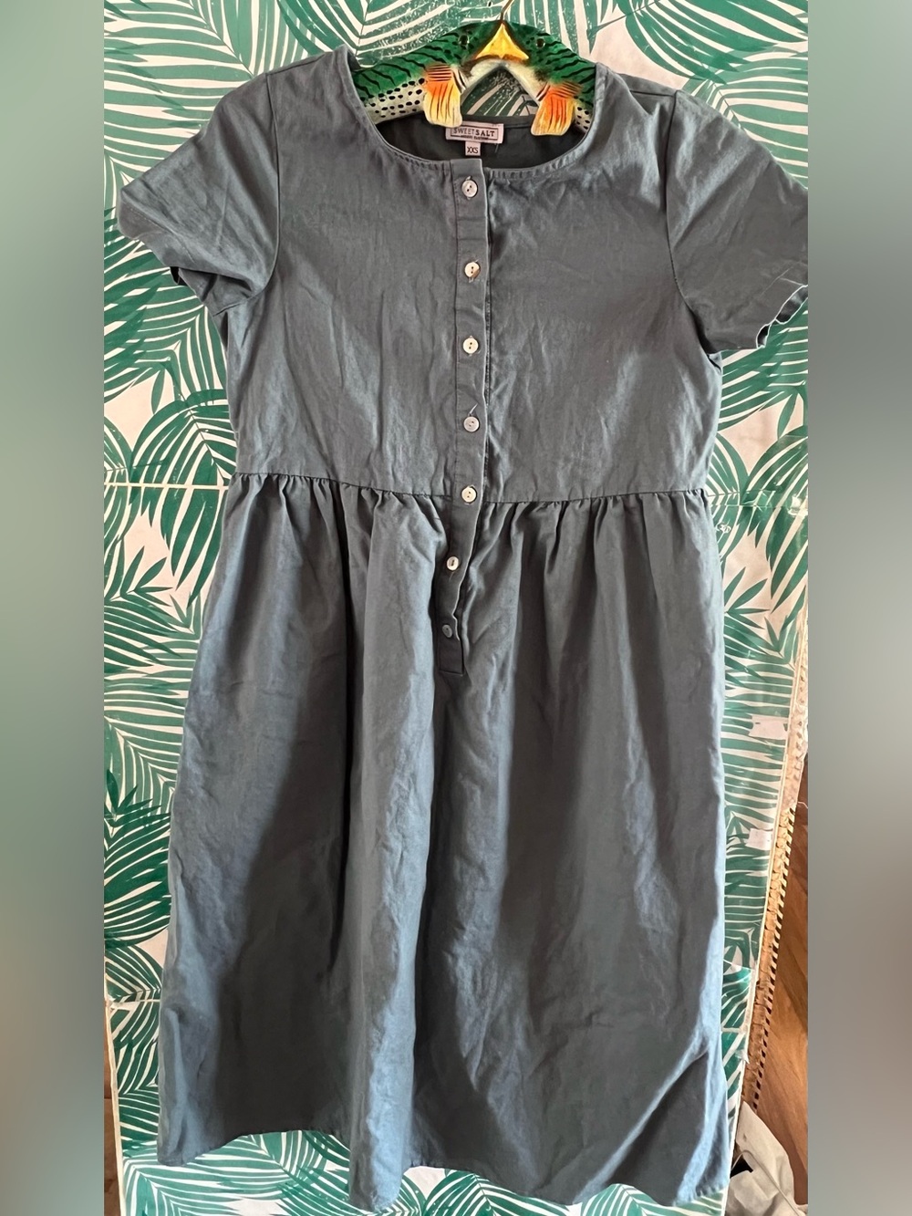 Sweet salt Short-Sleeve Button-Front midi Dress in Slate Blue Sz XXS cotton